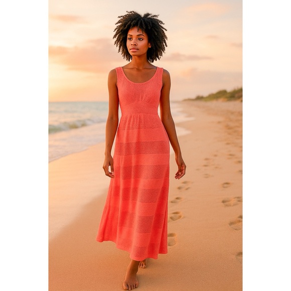 Victor Glemaud Womens Coral Crochet Eyelet Cotton Maxi Dress XS Resort Boho - Picture 1 of 10